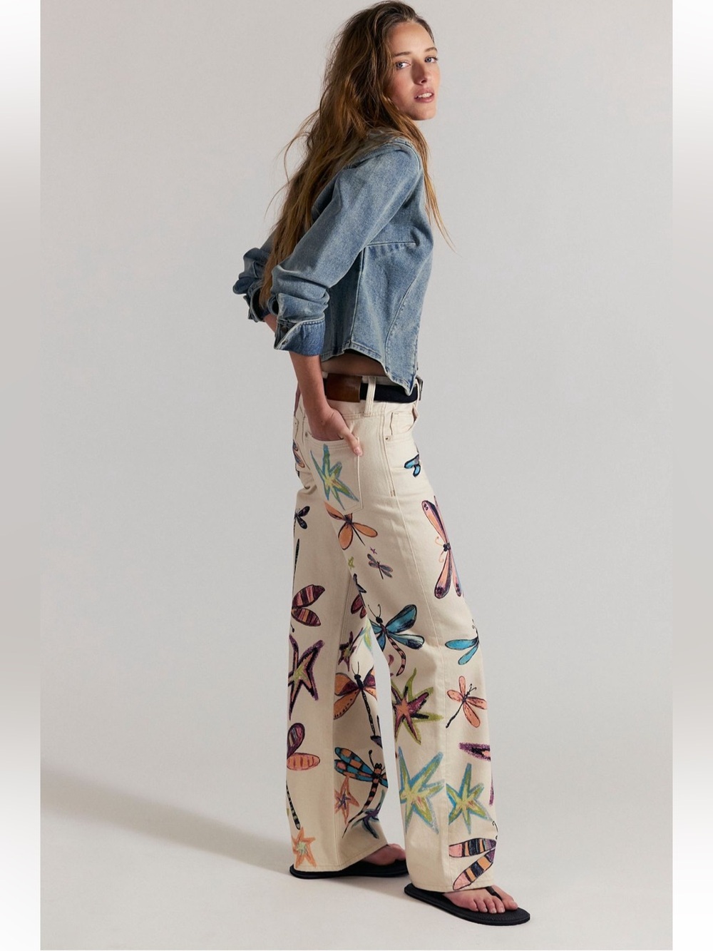 Free People Cream Wide-Leg Boyfriend Jeans with Multicolor Dragonflies